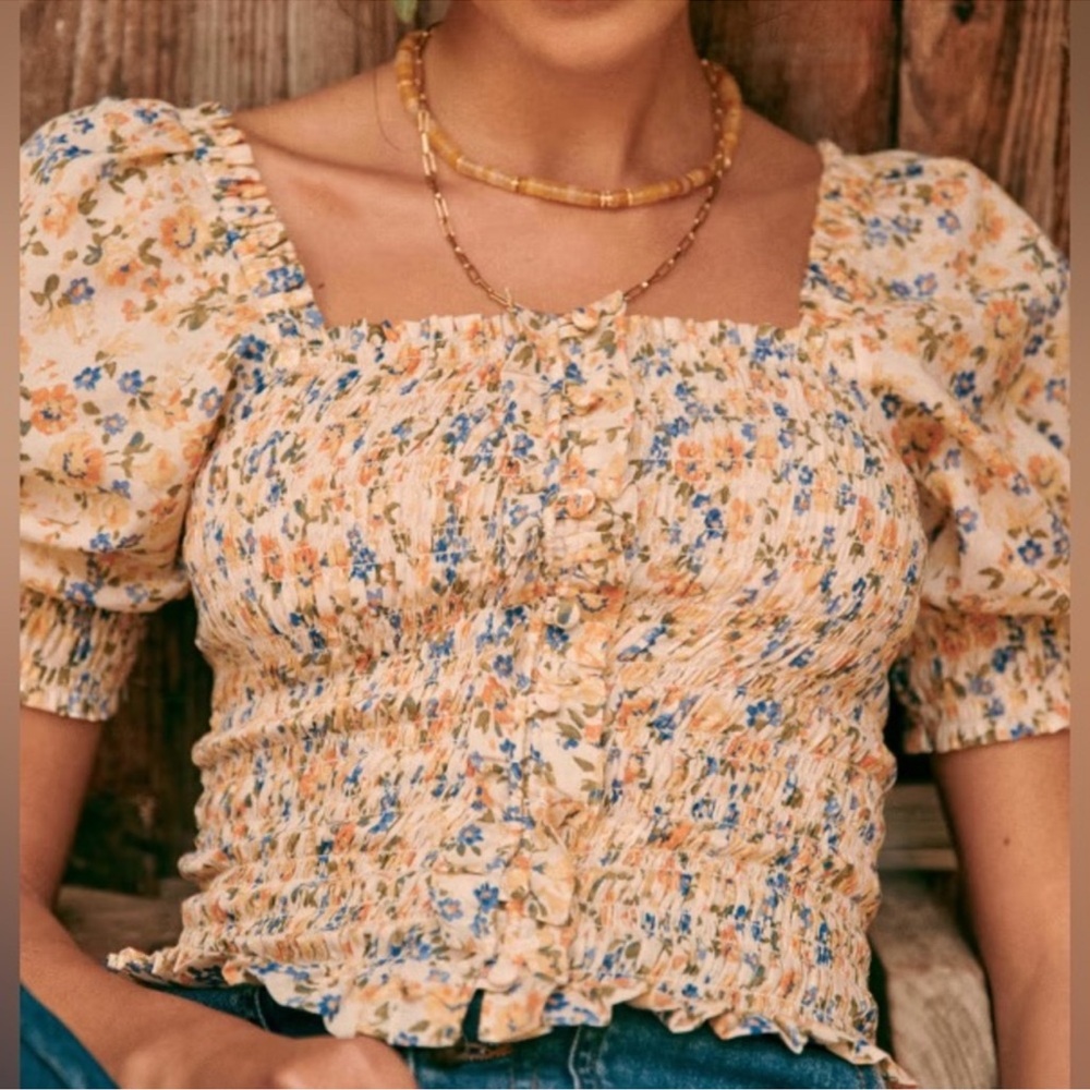 Sezane Floral Smocked Crop Top - Cream and Blue